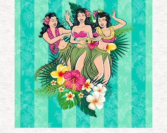May include: Three women in hula skirts and flower leis are dancing with a ukulele. They are surrounded by tropical flowers and leaves on a turquoise and white striped background. The text "MOONLAKE DESIGNS LTD" is at the bottom of the image.