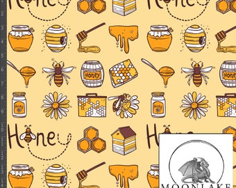 May include: A yellow fabric with a repeating pattern of honey-themed illustrations. The pattern includes honeycombs, jars of honey, bees, flowers, and the word "Honey".