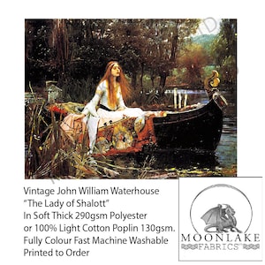 Vintage John William Waterhouse The Lady of Shalott Fabric Craft Panels in 100% Cotton or Polyester