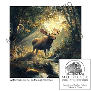 Puede incluir: Una pintura digital de un gran alce marrón de pie en un claro del bosque. La luz del sol atraviesa los árboles, iluminando al alce y el follaje circundante. Un pequeño arroyo fluye a través del claro, reflejando la luz.