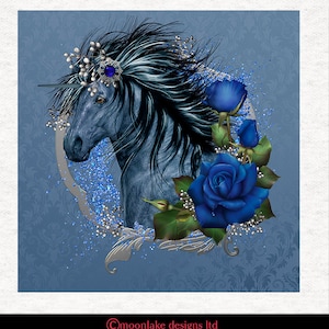 Unicorn Cameo Rose in Blues | Upholstery | Sewing | Craft | Printed Fabric Panels - | 8x8 inch, 12x12 inch