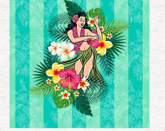 May include: A colorful illustration of a hula dancer in a green grass skirt with a lei of flowers around her neck. She is surrounded by tropical plants and flowers, including white plumeria, yellow hibiscus, and pink hibiscus. The background is a turquoise and white striped pattern.