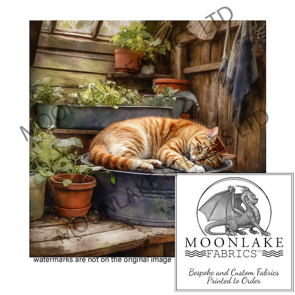 Ginger the Cat in the Potting Shed 100% Natural Cotton or 290gsm thick soft Polyester Fabric Panel Squares