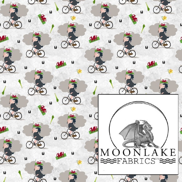 Welsh sheep waving his Welsh flag while on a bicycle, Fabric 100% Cotton 130gsm -Size: 111.39cm wide (44 inches)