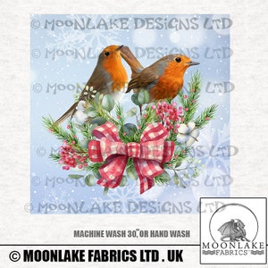 Robins on winter bow wreath Fabric Craft Panels in 100% Cotton or Polyester