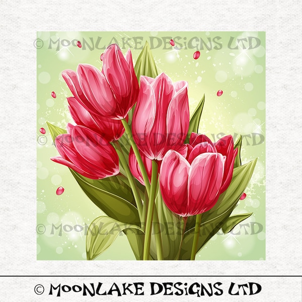 Pink Tulip on Green Bokah background Fabric Craft Panels in 100% Cotton or Polyester