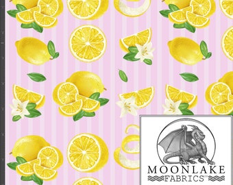 Lemons on Pink Stripe 100% Cotton 130gsm Sewing Fabric -  Size: 111.39cm wide (44 inches)
