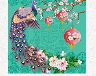 Peacock and lanterns,green background.l, Print | Fabric Craft Panels in 100% Cotton or Polyester