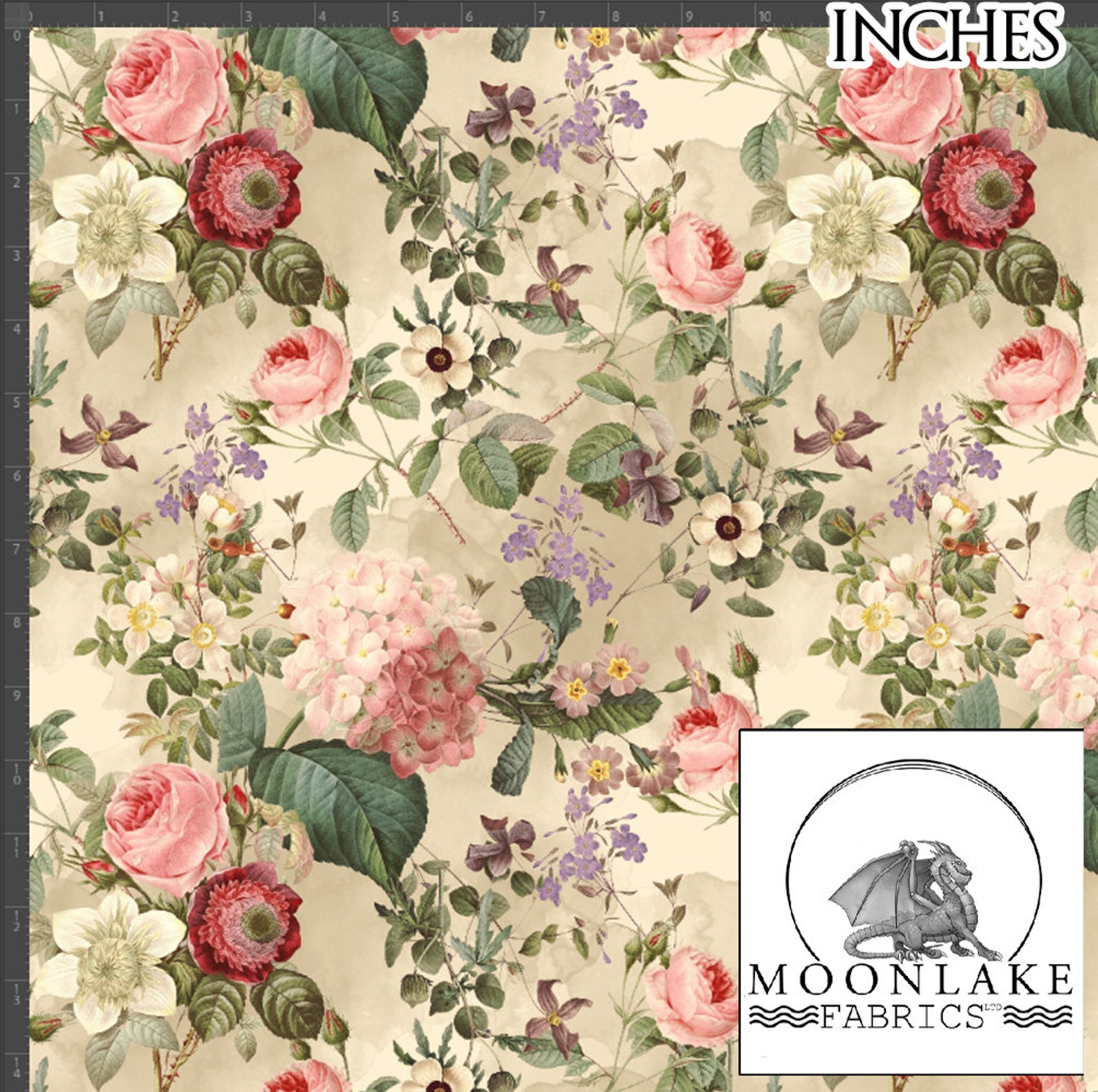 Vintage Rose and Floral Tea Stain Effect Background 100% Quality Cotton ...