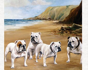 Bulldogs on the beach - Fabric Cushion | Fabric Craft Panels in 100% Cotton or Polyester