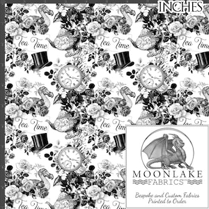 May include: Black and white fabric featuring a repeating pattern of teacups, clocks, roses, and a dodo bird. The text "Tea Time" appears multiple times on the fabric. The fabric is printed with the text "MOONLAKE FABRICS" and "Bespoke and Custom Fabrics Printed to Order".