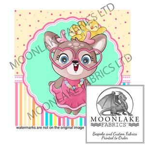 Panel de tela estampada con cervatillos y polluelos, disponible en tamaños de 4 a 30 pulgadas. 100% algodón o poliéster. Panel para edredón de bebé.