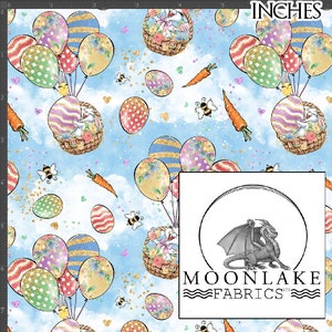 May include: A blue and white fabric with a repeating pattern of Easter eggs, bunnies, and balloons. The balloons are filled with pastel colours and have gold glitter accents. The fabric is ideal for crafting and sewing projects.