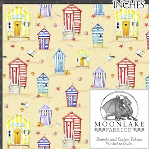 May include: A beige fabric with a repeating pattern of colourful beach huts. The huts are painted in red, white, blue, and yellow stripes. Some huts have a sign that says "Beach Hut". The fabric is ideal for crafting projects, quilting, and home decor.