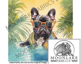 Könnte beinhalten: Ein schwarzer Französischer Bulldogge mit orangenen Sonnenbrillen und einem Hemd mit tropischem Muster schwimmt in einem Pool mit Wasser. Der Hintergrund ist ein Aquarellbild von Palmen und einem Sonnenuntergang.