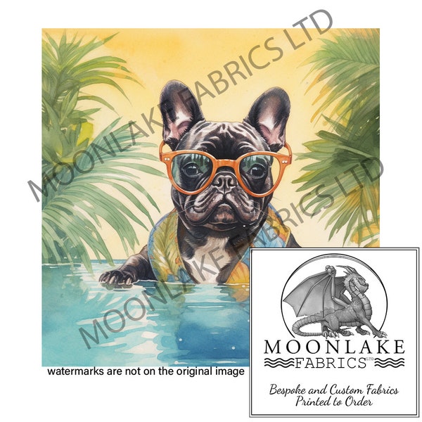 Französische Bulldogge in einem tropischen Pool mit Sonnenbrille aus 100% natürlicher Baumwolle oder 290 g / m² dickem weichem Polyester
