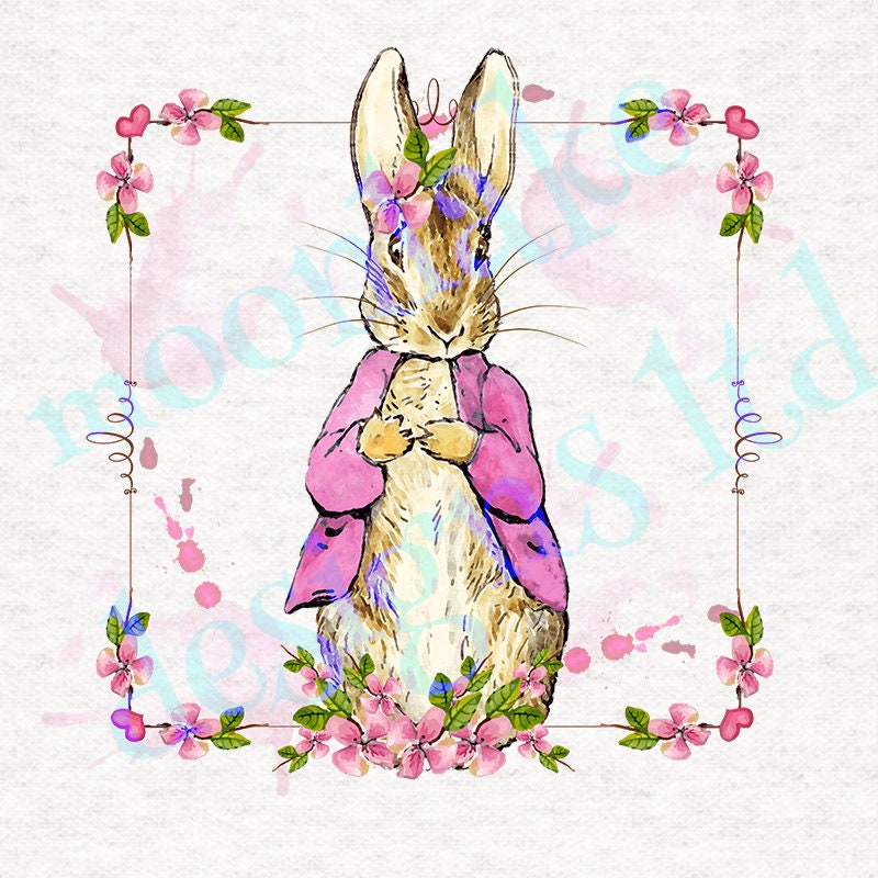 Peter Rabbits Sister Flopsy, in Her Pink Coat Floral Border