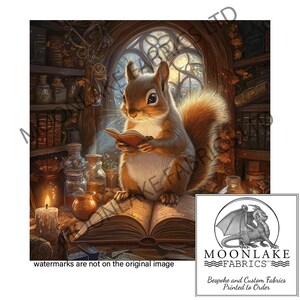 May include: A red squirrel sits on a book, holding a smaller book in its paws. The squirrel is in a room with a window, shelves, and a candle. The room has a magical, whimsical feel.