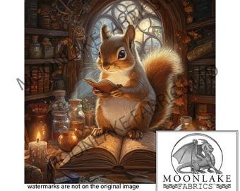 Squirrel in the Witches Cottage Fabric Craft Panels in 100% Cotton or Polyester