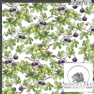 May include: A white fabric with a repeating pattern of green leaves and purple figs. The fabric is printed with a watercolour-style design. The fabric is 8 inches wide and 8 inches tall. The fabric is from Moonlake Fabrics.