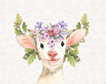 Agnello primaverile adornato con fiori e ghiande, pannelli artigianali in tessuto 100% cotone o poliestere