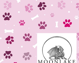 Dog Paw Prints With Bones In Blended Pinks 100% Cotton 130gsm -Size: 111.39cm wide (44 inches)
