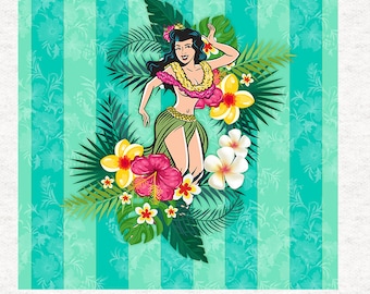 May include: A hula dancer with a flower lei and a green grass skirt dances in front of a tropical floral background with green and turquoise stripes.