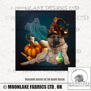 Halloween Alsatian, In a Fancy Witches Hat, With Pumpkin, Fabric Craft Panels 100% Cotton or Polyester