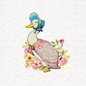 May include: A watercolour illustration of a duck wearing a blue bonnet and a pink dress with floral accents. The duck is surrounded by pink and white flowers.