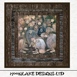 May include: A vintage illustration of a group of trolls, with a caption that reads "Novik crept up onto the old troll's lap and stroked his beard". The illustration is framed with a wooden border.