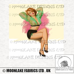 Vintage Pin-Up-Girl Green Blouse Fabric Craft Panels in 100% Cotton or Polyester - Machine Washable