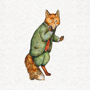May include: A cartoon fox wearing a green jacket and red tie, with a bushy orange tail. The fox is looking down and has a sly expression on its face.