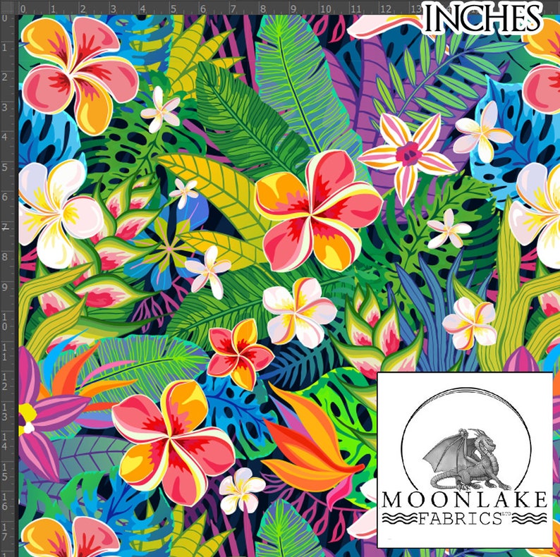 May include: A colorful tropical floral print fabric featuring pink, yellow, and white flowers with green leaves. The fabric is 13 inches wide and has a repeating pattern.