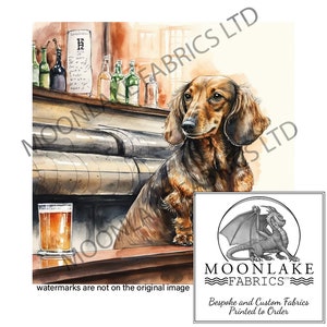 Dachshund at the Bar 100% Natural Cotton or 290gsm thick soft Polyester Fabric Panel Squares