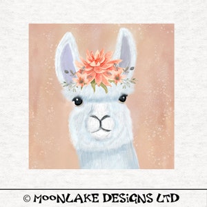 May include: A white llama with a pink and orange flower crown on a peach background.