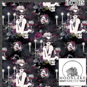 Skull and Rose Vampire Female Gothic Fabric 100% Cotton 130gsm - Size: 111.39cm wide (44 inches)