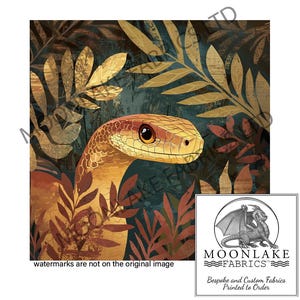 May include: A digital illustration of a snake with a yellow and brown body, with its head peeking out from behind a cluster of stylized leaves in shades of brown, gold, and red.
