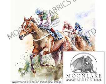 Horse Racing watercolor Fabric Craft Panels in 100% Cotton or Polyester