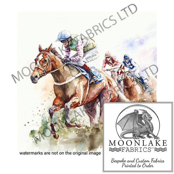 Horse Racing watercolor Fabric Craft Panels in 100% Cotton or Polyester