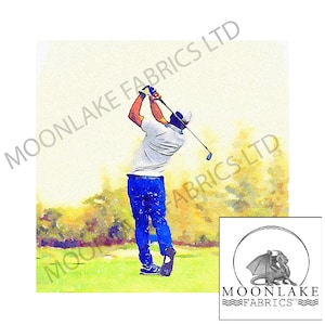 May include: A watercolour painting of a golfer swinging a golf club on a green golf course. The golfer is wearing a white shirt and blue trousers. The background is a yellow and green watercolour wash.