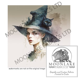 Blond Witch with Cat on Hat  100% Natural Cotton or 290gsm thick soft Polyester Fabric Panel Squares