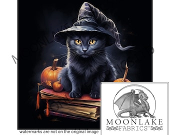 Puede incluir: Un gato negro con un sombrero de bruja se sienta encima de una pila de libros antiguos. El gato tiene ojos amarillos brillantes y está rodeado de calabazas y follaje otoñal.