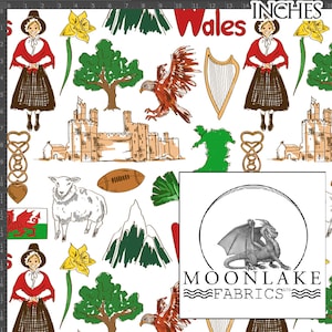 May include: White fabric with a repeating pattern of Welsh symbols, including a dragon, a castle, a harp, a sheep, a mountain, a daffodil, a tree, a rugby ball, and a woman in traditional Welsh dress. The text "Wales" is also included in the pattern.