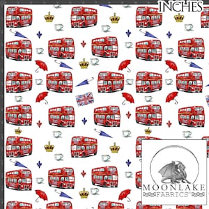 May include: White fabric with a repeating pattern of red double-decker buses, crowns, teacups, umbrellas, and fleur-de-lis. The fabric is marked with "INCHES" in the top right corner.