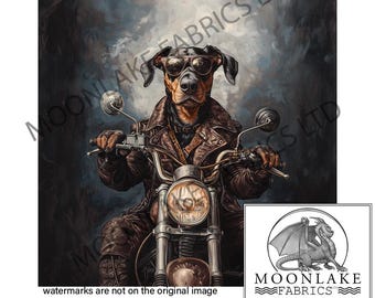 Doberman Dog Riding a Motorbike Fabric Craft Panels in 100% Cotton