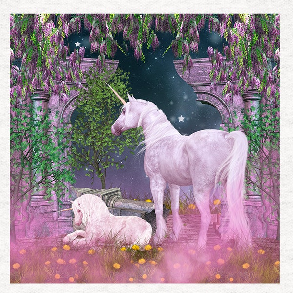 Unicorn and Foal at the Ruin. Fabric Craft Panels in 100% Cotton or Polyester