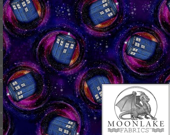 Tardis moving through space repeat pattern 100% Cotton 130gsm Sewing Fabric - Size: 111.39cm wide (44 inches)