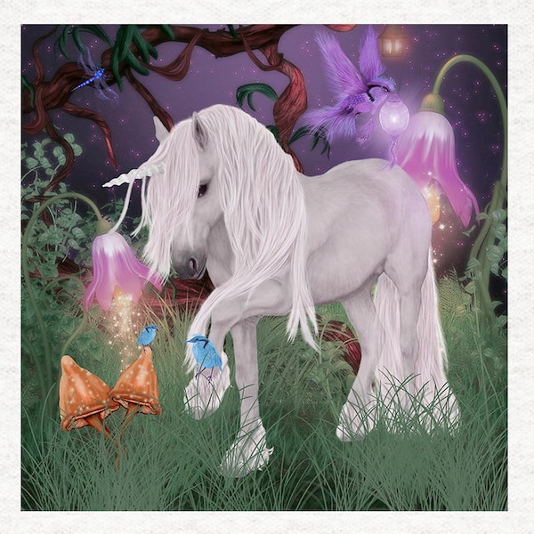 Unicorn. Night Garden Fantasy Fabric Craft Panels in 100% Cotton or Polyester