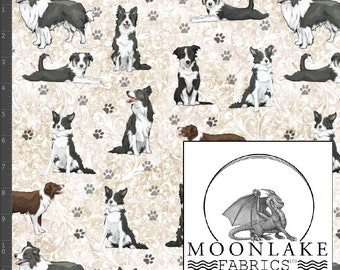 May include: A white fabric with a repeating pattern of black and white border collie dogs on a cream background with a gray floral design and paw prints. The fabric is labeled "MOONLAKE FABRICS" in black text.