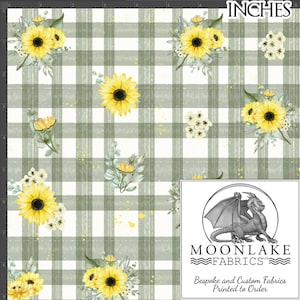 Sunflowers and Pollen Splatters on a Sage Green Gingham Effect Fabric 100% Cotton 130gsm Poplin